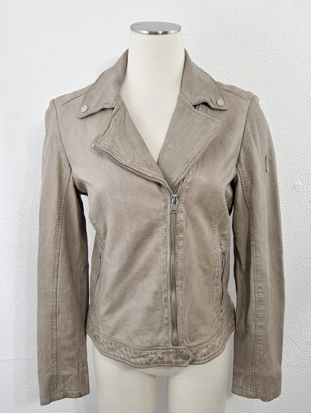Mauritius taupe gray brown leather moto jacket women's size 8